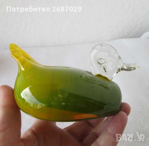 Стъклено преспапие масивна птица патка гъска фигура статуетка и  кутия антика метална, снимка 8 - Статуетки - 29124971