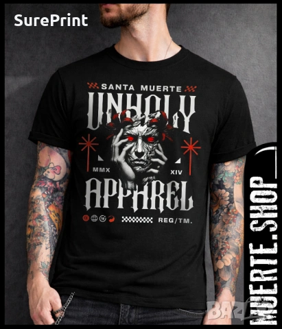 Черна тениска UNHOLY BRANDED със зловещ дизайн и надпис.