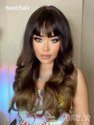 Кафява омбре перука два тона с бретон, снимка 3 - Аксесоари за коса - 48773330