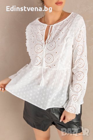 Дамска памучна блуза с дълъг ръкав в бяло, снимка 6 - Блузи с дълъг ръкав и пуловери - 39881436