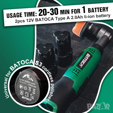 Професионална полираща машина, акумулаторна, 2 батерии + аксесоари, BATOCA S6 Mini, снимка 6 - Полирмашини - 52468191