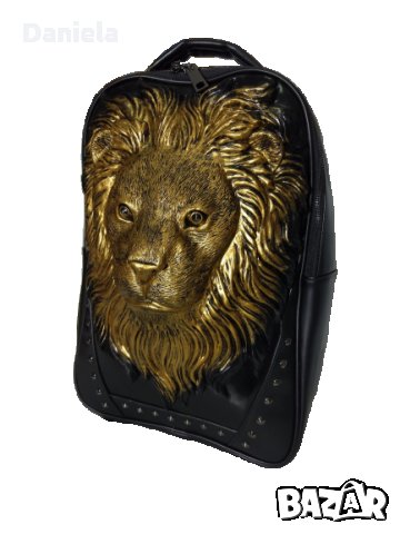 НОВА Черна раница, чанта, 3D златен лъв, регулируеми презрамки , снимка 1