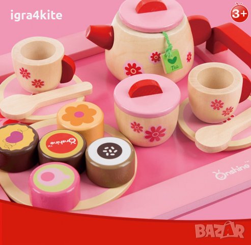 Чаено парти - Дървен детски комплект за симулации с поднос, чай и кексове, снимка 2 - Образователни игри - 36633848