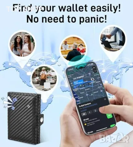 Ново Тънко карбоново портмоне с RFID блокировка и локатор iOS Find My и RFID защита Мъжки портфейл, снимка 5 - Портфейли, портмонета - 49723883