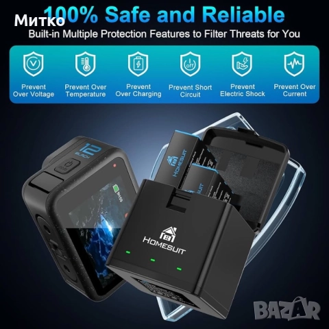 Homesuit Hero 12 11 10 9 Батерия 1800mAh и LED 3-канално USB зарядно за Gopro12Black Gopro11Black Go, снимка 3 - Камери - 52812373