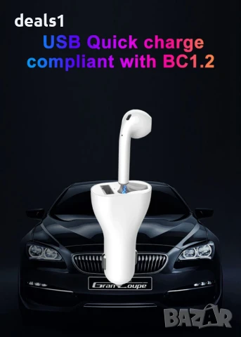 2в1 Безжична Bluetooth Слушалка + Зарядно за кола Хендсфри обаждания и USB порт за бързо зареждане, снимка 7 - Друга електроника - 50535900