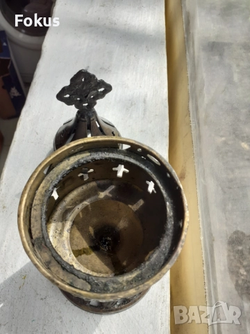 Старо бронзово настолно кандило кадило тамянник, снимка 4 - Антикварни и старинни предмети - 51498397