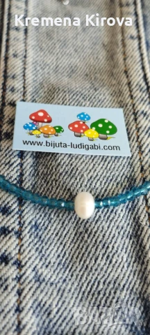 Чокър с естествена перла, чешки кристали и стомана. Бижута Луди гъби.