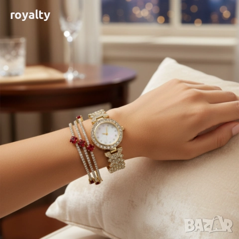 Готов сет за елегантност: кварцов часовник + 3 гривни с червени акценти