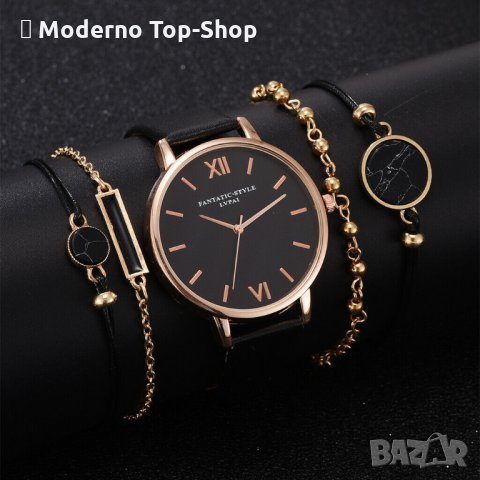 НОВО !!! Сет от 5-части.Стилен дамски,кварцов часовник в комплект с четири гривни., снимка 2 - Дамски - 34151905