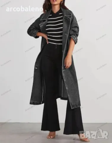 Дамско дънково памучно едноцветно свободно манто с дълги ръкави, копчета и двойни джобове, 2цвята , снимка 5 - Палта, манта - 47634038