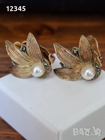 Оригинални маркови позлатени сребърни обеци с маркизати и перли " Fahrner"
