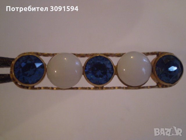 Стара Дамска Брошка МЕСИНГ стъкло е син кристал, снимка 3 - Антикварни и старинни предмети - 35094144