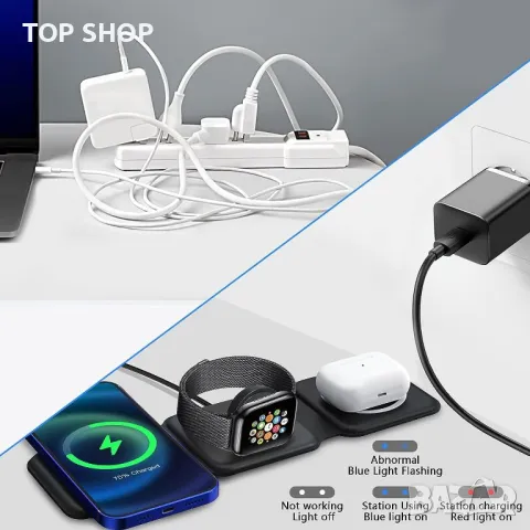 Магнитна сгъваема безжична зарядна станция за iPhone 3 в 1, снимка 6 - Безжични зарядни - 49160935