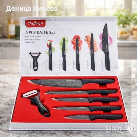 Комплект кухненски н о ж о в е Cheffinger – 6 части с мраморно покритие и магнитна кутия, снимка 5 - Други - 53265625