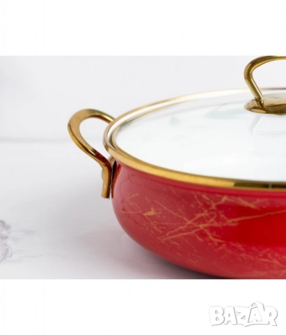 Тенджера Goldmann, Плитка, Емайл, Индукция, Червен/Старо злато, снимка 2 - Съдове за готвене - 52142460