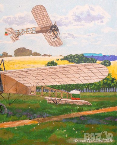 Продавам маслена картина с български самолети Блерио., снимка 3 - Картини - 30731646