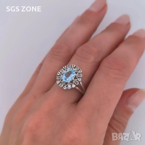 СРЕБЪРН ПРЪСТЕН С НАТУРАЛЕН СИН ТОПАЗ И МАЛЪК ПРОЗРАЧЕН ТОПАЗ, снимка 4 - Пръстени - 52403866