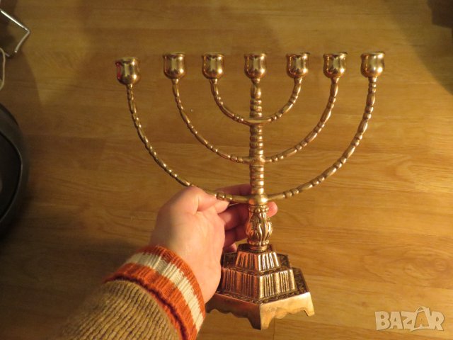 Голям бронзов свещник ханука  МЕНОРА  28х 29см. - еврейски седемсвещник - внос от Израел, Йерусалим, снимка 2 - Антикварни и старинни предмети - 35483515