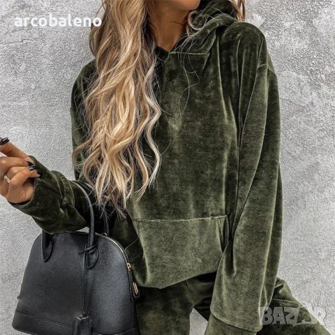 Дамски едноцветен спортен кадифен костюм с качулка, 3цвята , снимка 8 - Комплекти - 39449229