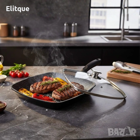 Грил тиган 28см с капак и мраморно покритие Cheffinger – за индукция, с противоплъзгаща дръжка, снимка 5 - Съдове за готвене - 53165762