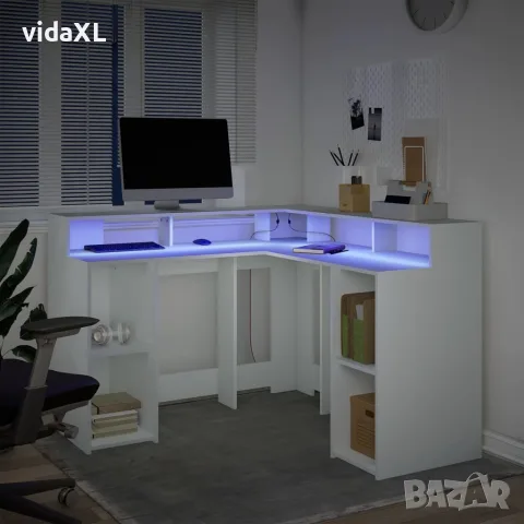 vidaXL Бюро с LED осветление, бяло, 130x130x91 см, инженерно дърво, снимка 4 - Бюра - 56147019