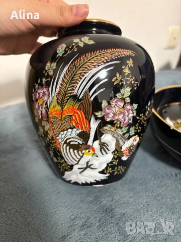 Елегантен винтидж комплект трио в японски стил – ваза, купа и пепелник, снимка 6 - Антикварни и старинни предмети - 54084697