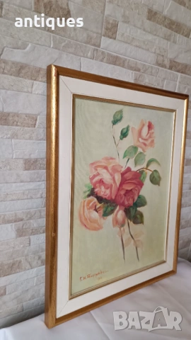 Картина "Flowers" - масло върху платно - 49/38см, снимка 3 - Антикварни и старинни предмети - 53958022