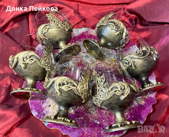 Ръчно изработен сервиз за коняк в старинно злато от 6 части, снимка 6 - Чаши - 48657355