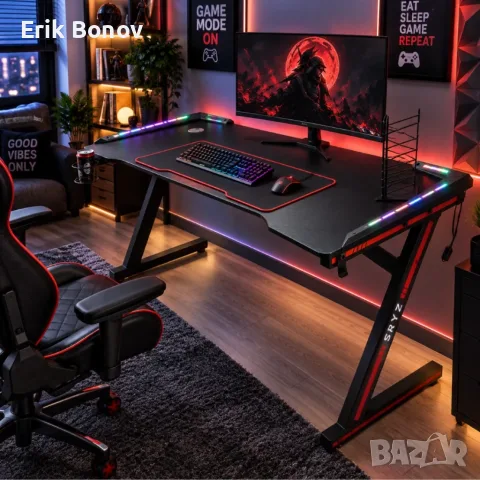 Геймърско бюро с RGB LED осветление, стойка за джойстици, поставка за чаша и голяма подложка –140×6, снимка 3 - Геймърски - 56106743