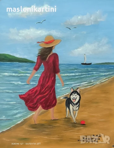 Жена и куче край морския бряг маслена картина 