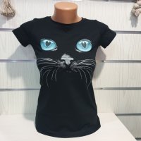 Страхотна нова дамска черна тениска с 3D трансферен печат Котка със сини очи, снимка 5 - Тениски - 29126658