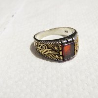 стар мъжки сребърен пръстен с червен камък и тугра, турски пръстен, снимка 2 - Пръстени - 35482996