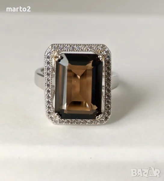 Красив сребърен 925 Пръстен с Натурален Раух Топаз (Опушен Кварц) и Циркони!, снимка 1