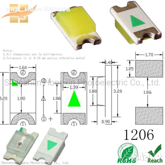 1206 SMD LEDs, Бели 6500К, 450mcd@20mA, 3.2mm x1.6mm х 1.05mm, снимка 1