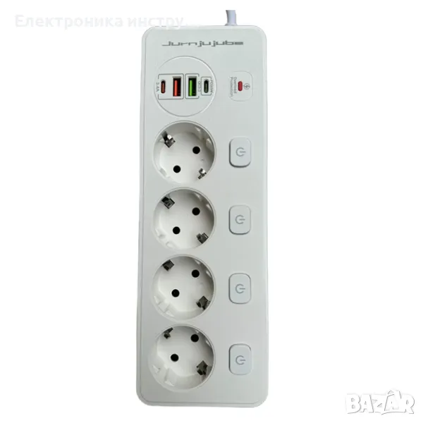Удължител Jurnjujube, защита от пренапрежение, 4 гнезда, 2 USB, 2 Type-C, 3250W, бял, 2 м, снимка 1