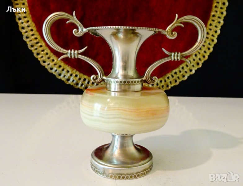 Посребрена амфора,ваза,свещник,нефритен оникс. , снимка 1