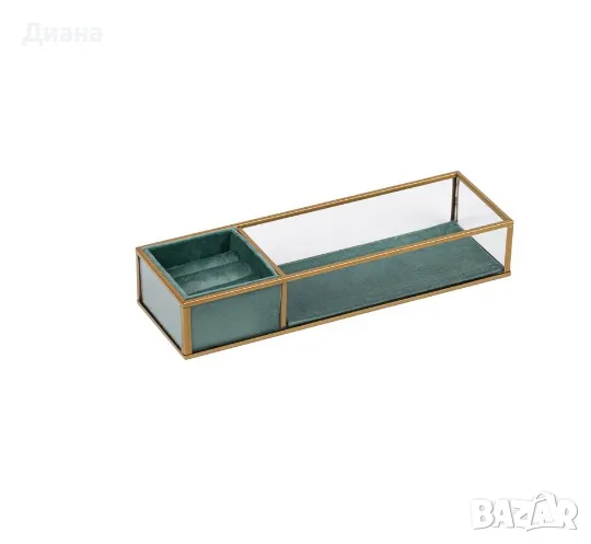 Стъклен органайзер за бижута с метална рамка и 2 отделения в цвят прозрачен/зелен, снимка 1