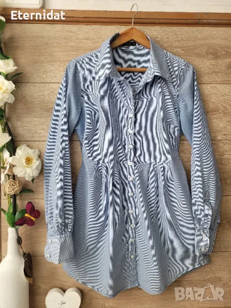 Дълга риза бяло и синьо райе памучна материя , снимка 1