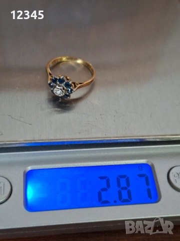 Старинен златен пръстен диамант и сапфири , снимка 5 - Пръстени - 54075788