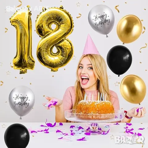 Златни Балони '18': 40 инча, за 18-ти Рожден Ден, Злато-Черни и Сребърни, снимка 4 - Подаръци за рожден ден - 49828349