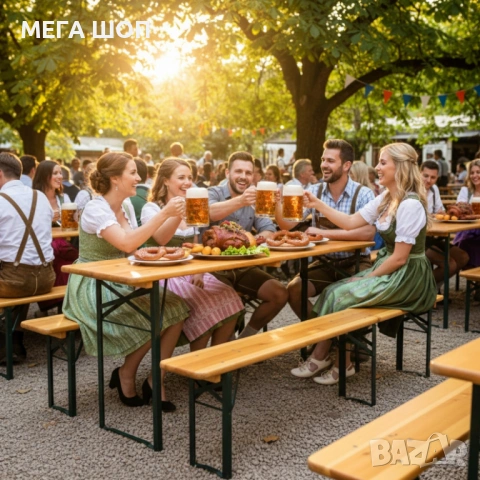 Сгъваем комплект градинска маса с 2 пейки - От чамово дърво, с отвор за чадър, снимка 3 - Други - 53884834
