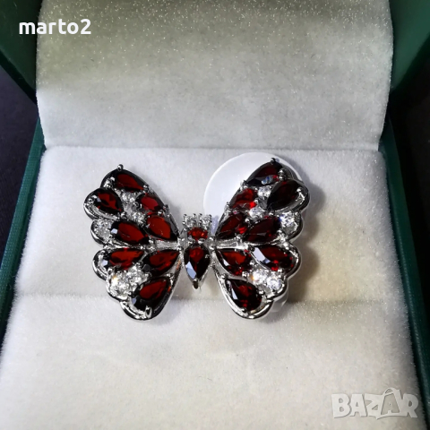 Сребърен 925 пръстен - Пеперуда с Родиево покритие и Натурални Гранати и Циркони!, снимка 7 - Пръстени - 44698842