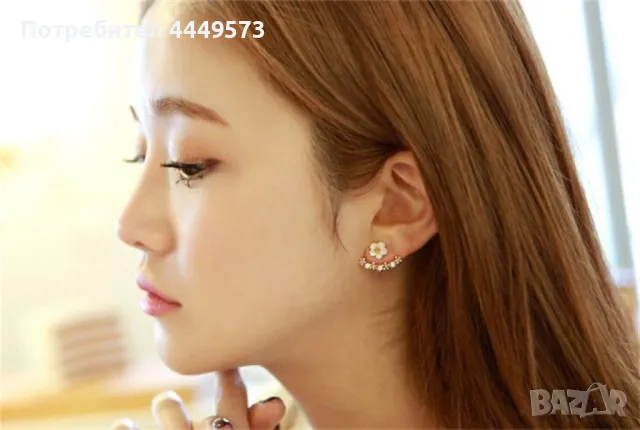 Нежни обеци цвете с долна част, минаваща по ръба на ухото. Цветове - сребрист или златист, снимка 1
