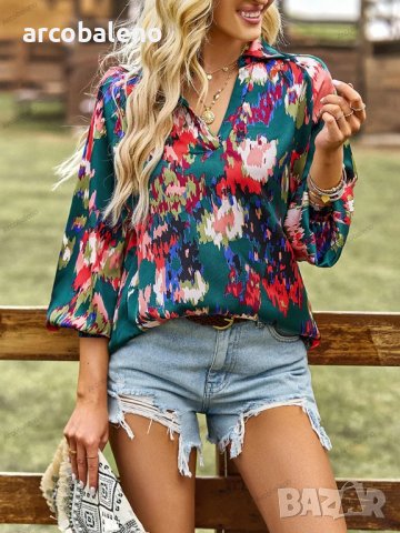 Дамска блуза с флорален принт и V-образно деколте, 4цвята - 023, снимка 7 - Блузи с дълъг ръкав и пуловери - 42038517