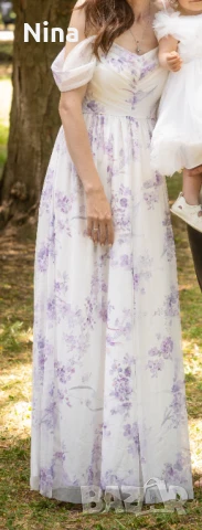 Дълга рокля бяло и лилаво, размер S - подходяща за кръщене, сватба, шаферка, снимка 2 - Рокли - 51076527