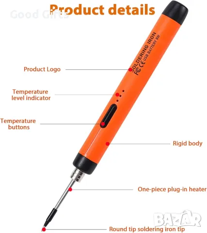 Пълен комплект Безжичен поялник YQLAFT – с USB зареждане, 3 температурни режима и стойка, снимка 5 - Поялници и запояване - 50188039