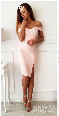 Официална розова рокля с паднали рамена