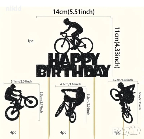 12 бр Колоездач Велосипедист на колело картонени брокат топери украса декор за мъфини кексчета топер, снимка 2 - Други - 52057818