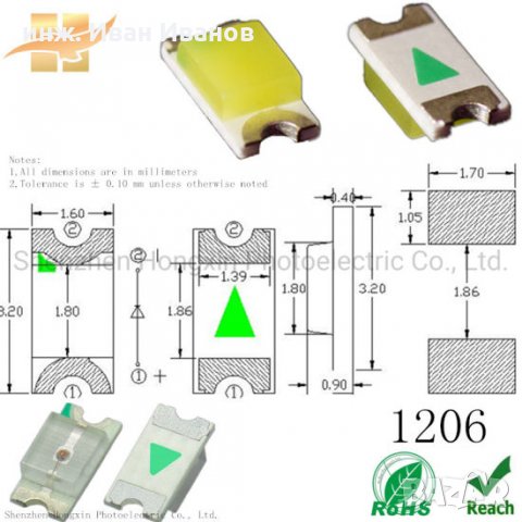 1206 SMD LEDs, Бели 6500К, 450mcd@20mA, 3.2mm x1.6mm х 1.05mm, снимка 1
